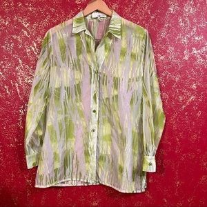 ESCADA  Women's Lime Green Sheer See Through Button Down Blouse Top Shirt 36 4